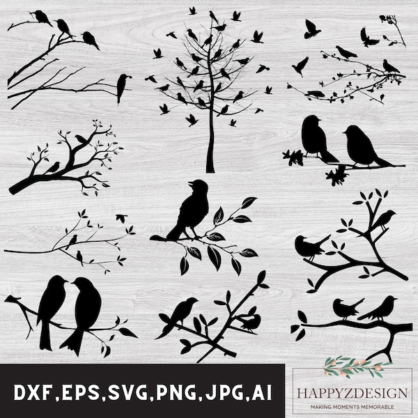 Bird on branch svg, Bird tree svg, Tree branch svg, Bird on branches png, Cut files, Flock of birds