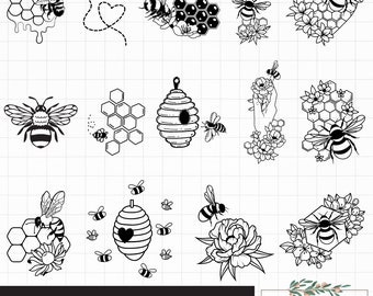 Floral honey bee svg, Honeybee clipart, Bee hive svg, Bumble bee svg, Bee outline svg, Honey bee cut files