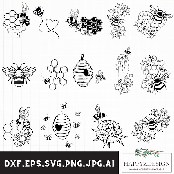 Floral honey bee svg, Honeybee clipart, Bee hive svg, Bumble bee svg, Bee outline svg, Honey bee cut files