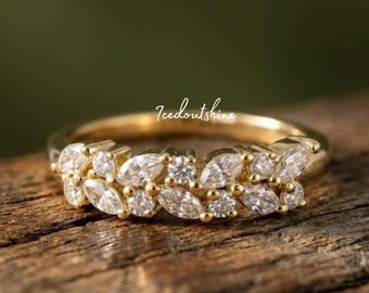 アールデコ モアッサナイト クラスターリング、14K イエローゴールド 結婚指輪