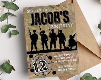 Airsoft Party Teen Boy Birthday Invitation editable digital template, teen birthday invite, gear up bday, ammo invite, green camo invite