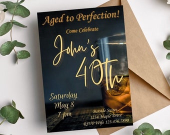 Aged to Perfection 40e verjaardag whisky-uitnodiging, 40e verjaardag mannen whisky-thema uitnodiging, kom 40e verjaardag vieren, bar-thema, 50 vijftig