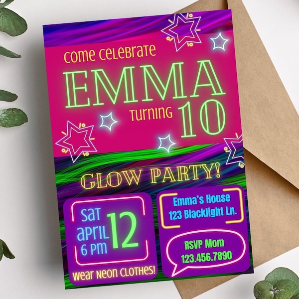 Glow Party Birthday Invitation, blacklight party, glow in the dark, teen tween girl party, neon pink and purple bday invite, PGP2