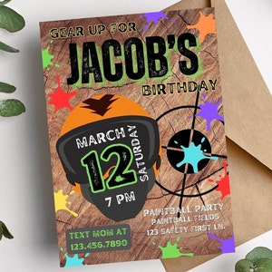Paintball Teen Birthday Party Invitation editable digital template, teen boy birthday, paintball party invite, gear up bday battle