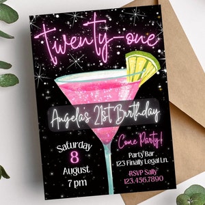 Pink and black 21st birthday party invite on black glitter background with large pink cocktail drink as center. Lettering done in pink and white.