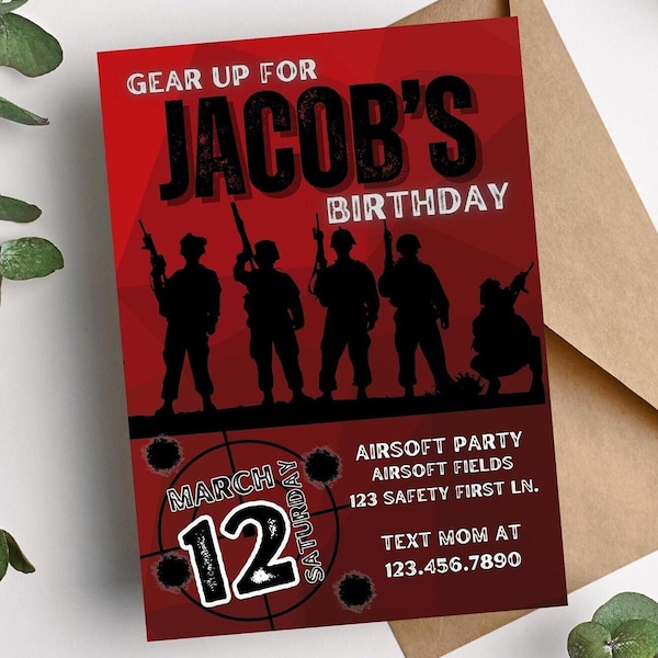 Airsoft Party Teen Boy Birthday Invitation editable digital template, teen birthday invite, gear up bday, ammo invite, instant download