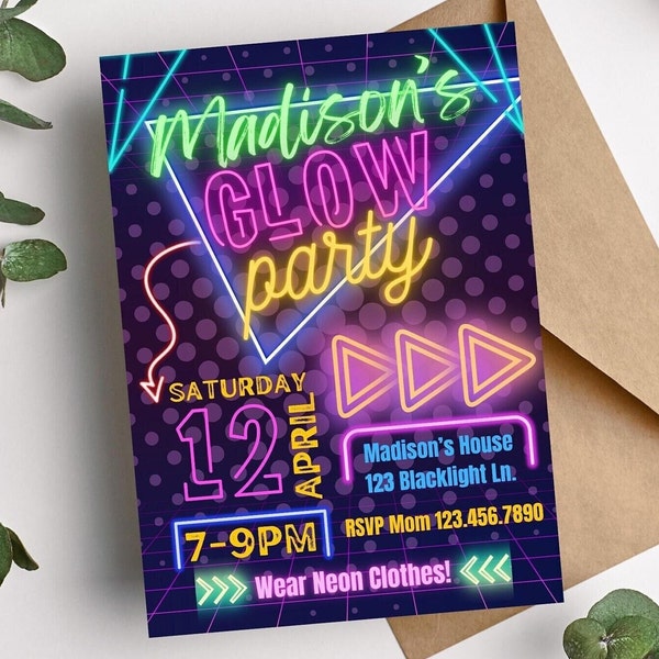 Glow Party verjaardagsuitnodiging bewerkbare digitale sjabloon, blacklight party, glow in the dark, tienerfeest, neon bday uitnodiging, PGP1