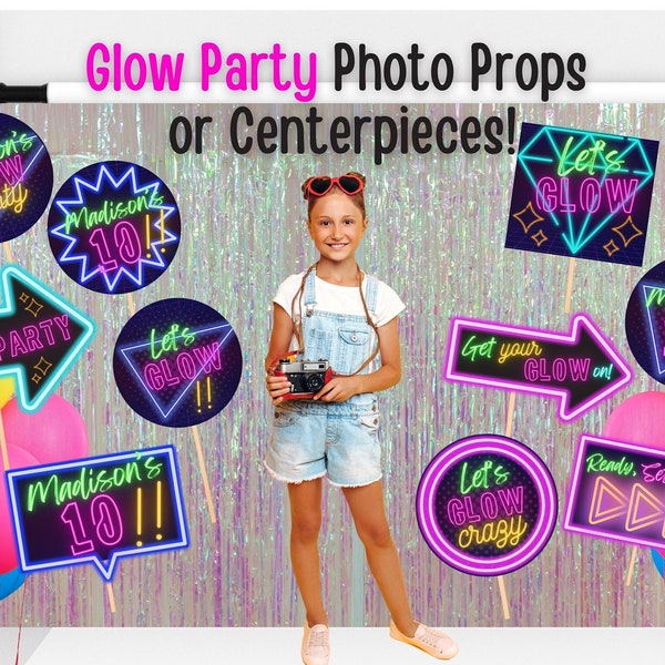Glow Party Editable Photo Props or Centerpieces, glow in the dark party decorations, blacklight birthday neon teen girl party decor, PGP1