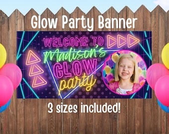 Glow Party Birthday Banner, editable neon party decor, teen girl party banner decoration, glow in the dark party banner, blacklight, PGP1