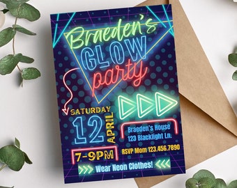 Glow Party Birthday Invitation editable digital template, blacklight party, glow in the dark, teen party, neon bday invite, BGP1