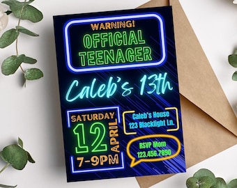 Warning Official Teenager Blue Neon Glow Party birthday invitation, editable digital template, 13 boy bday invite