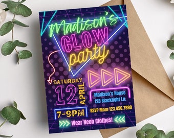 Glow Party Birthday Invitation editable digital template, blacklight party, glow in the dark, teen party, neon bday invite, PGP1