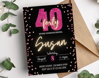 40e roze glitter verjaardagsuitnodiging bewerkbare digitale sjabloon, neonroze glitter en zwart 40 verjaardagsuitnodiging, feest vrouw veertig