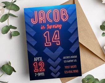 Neon Blue and Red Teen Boy Birthday Invitation editable digital template, instant download, teen bday invite, glow party bday invite
