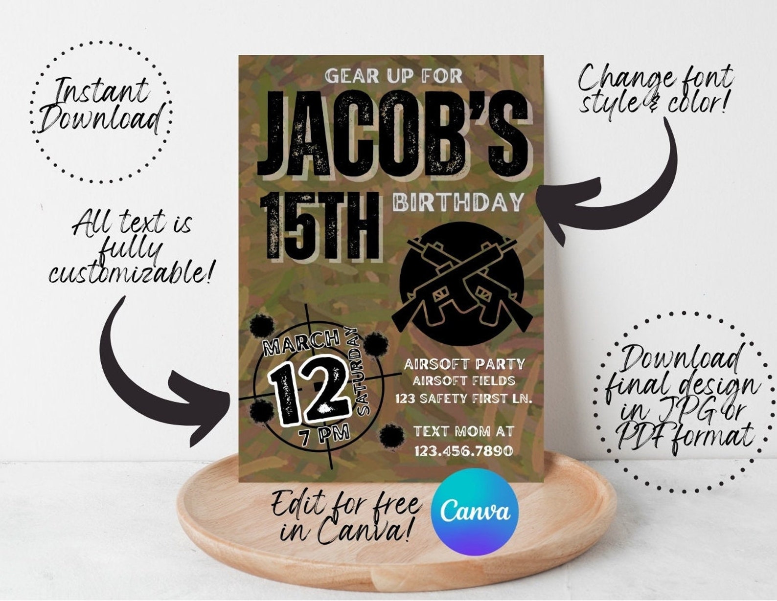 Airsoft Party Teen Boy Birthday Invitation Editable Digital Template