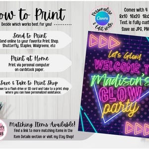 May include: Neon pink, green, and blue glow party invitation with the text "Let's Glow! Welcome to Madison's Glow Party". The invitation has a retro 80s style with a black background and pixelated lines. It comes in four sizes: 8x10, 16x20, 18x24, and 24x36 inches. The text is customizable and can be saved as a JPG, PNG, or PDF.