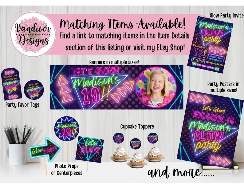 May include: Neon glow party decorations for a 10th birthday party. The decorations include a banner, cupcake toppers, party favor tags, photo props, and a welcome sign. The theme is neon glow with pink, purple, and blue colors.