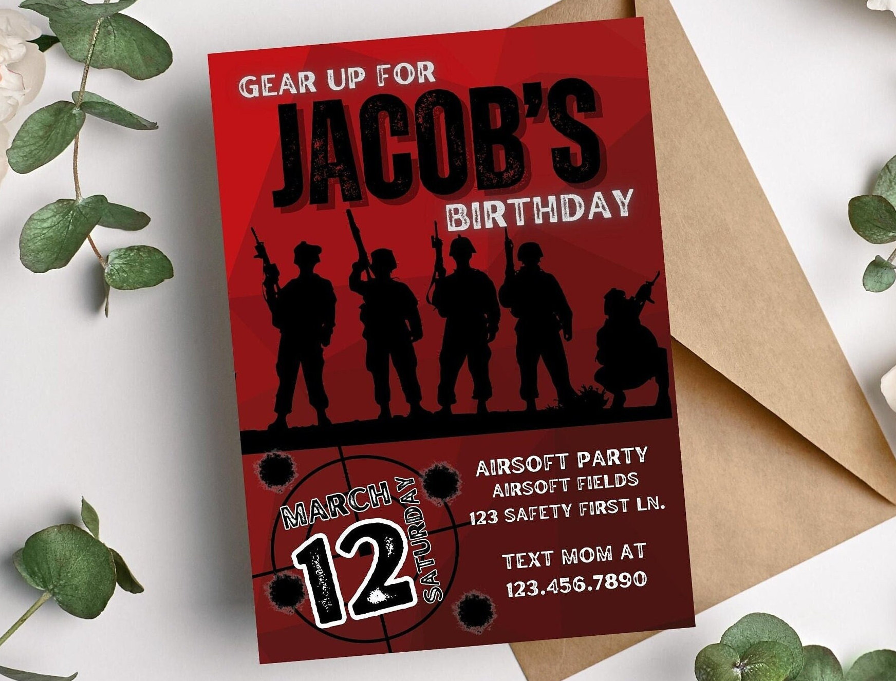 Airsoft Party Teen Boy Birthday Invitation Editable Digital Template