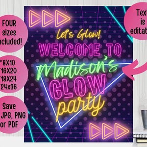 May include: Neon sign party invitation with the text "Let's Glow! Welcome to Madison's Glow Party" in a retro 80s style with pink, green, yellow, and blue neon colors. The text is editable.