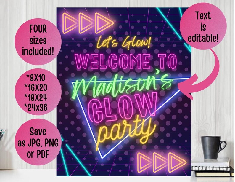 May include: Neon sign party invitation with the text "Let's Glow! Welcome to Madison's Glow Party" in a retro 80s style with pink, green, yellow, and blue neon colors. The text is editable.