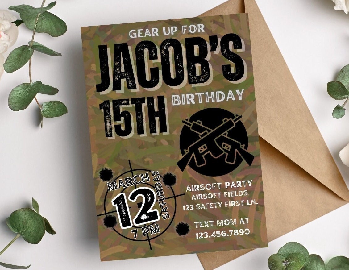 Airsoft Party Teen Boy Birthday Invitation Editable Digital Template