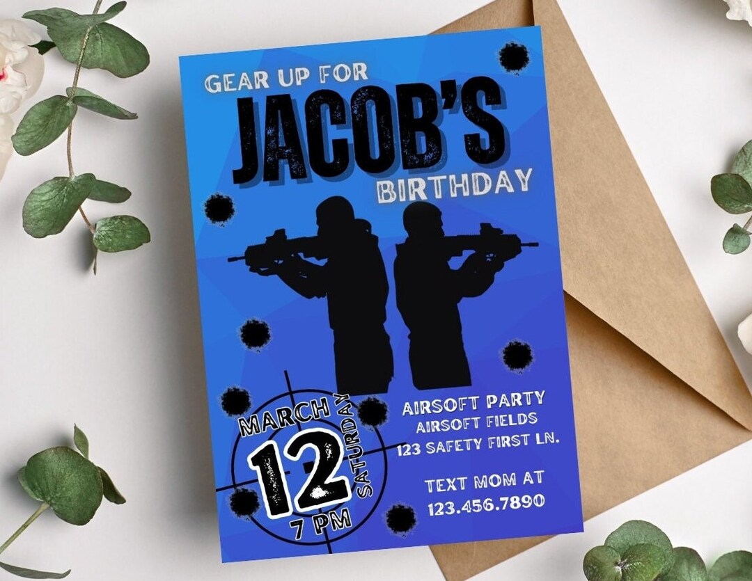 Airsoft Party Teen Boy Birthday Invitation Editable Digital Template