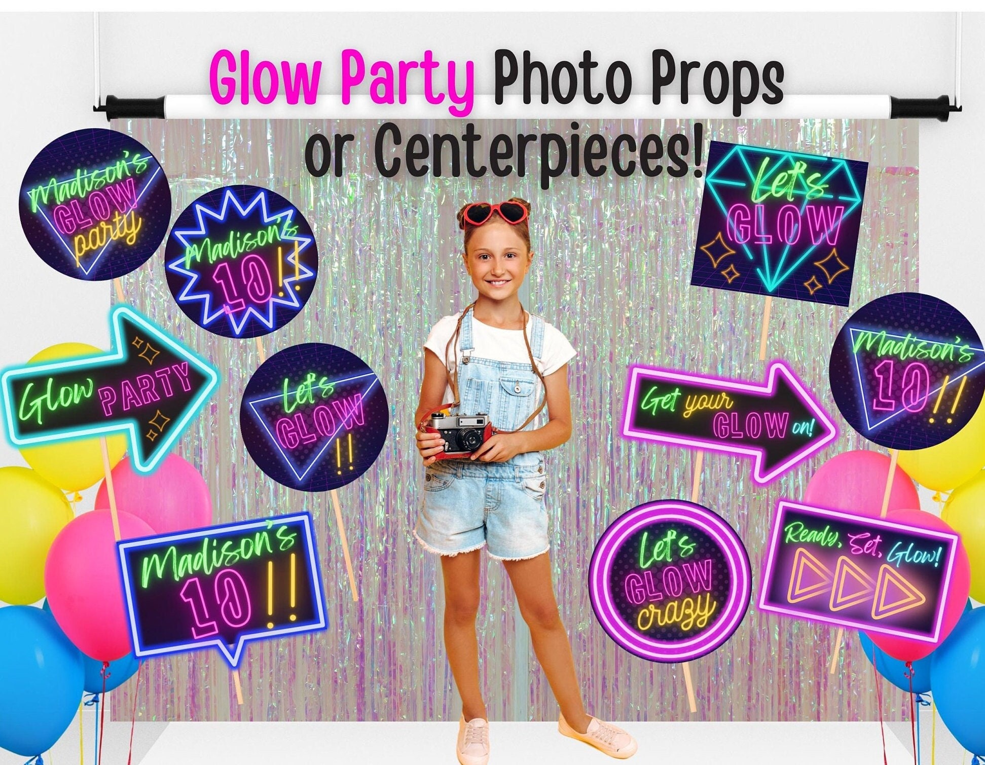 Glow Neon Party Decorations - Let's Glow Crazy Glow Porch Sign, Glow in The  Dark Theme Happy Birthday Door Banner, Blacklight Photography Backdrop
