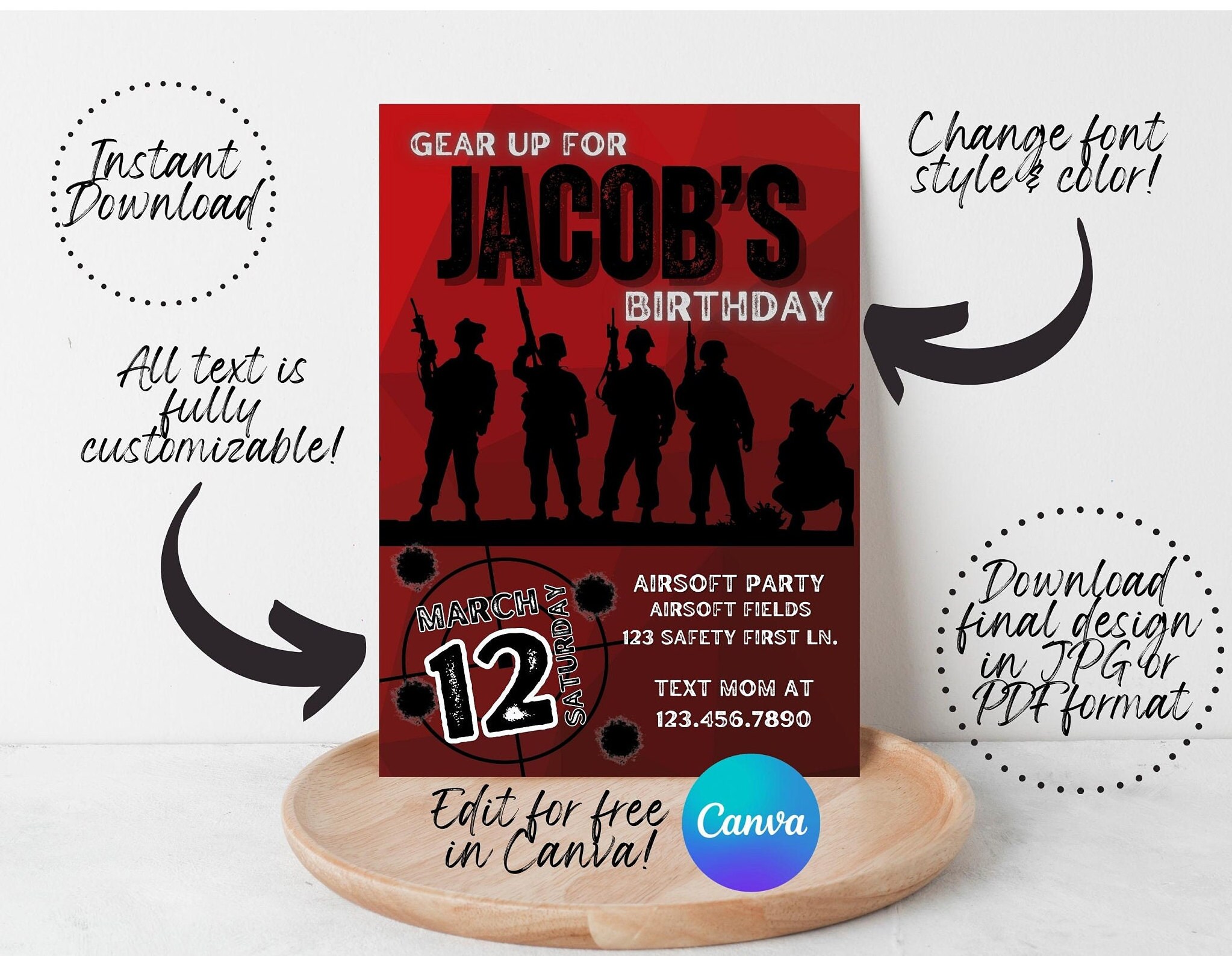 Airsoft Party Teen Boy Birthday Invitation Editable Digital Template