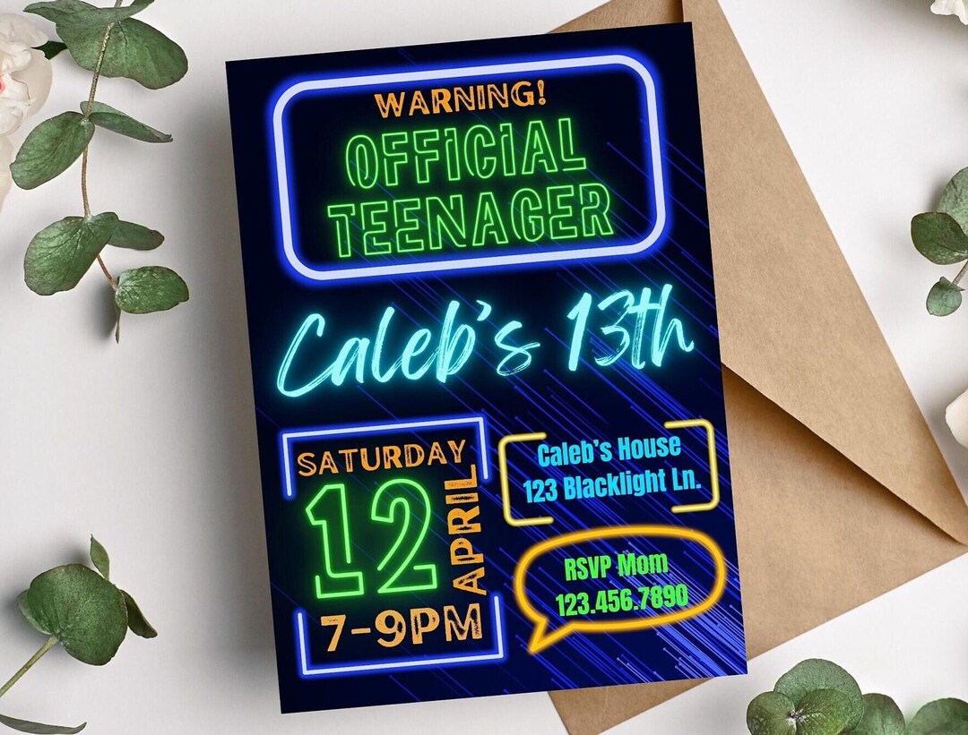 Picture of Warning Official Teenager Blue Neon Glow Party Birthday Invitation ...