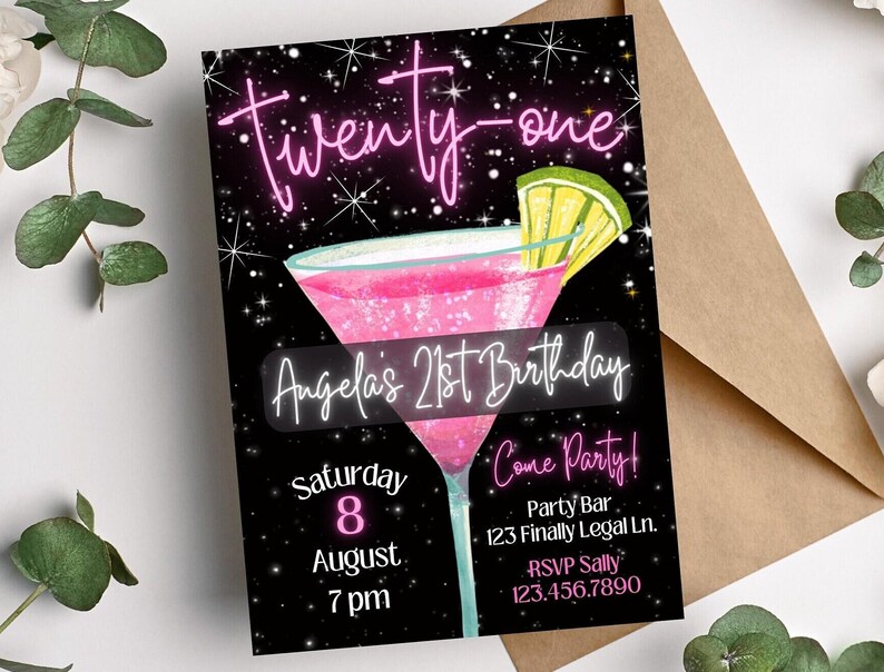 Pink and black 21st birthday party invite on black glitter background with large pink cocktail drink as center. Lettering done in pink and white.