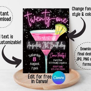 Op de afbeelding: Een printbare uitnodiging voor een 21e verjaardagsfeest met een roze cocktailglas en neonroze tekst die "Twenty-one" en "Angela's 21st Birthday" zegt. De achtergrond is zwart met witte sterren. De tekst zegt "Zaterdag, 8 augustus, 19:00 uur, Come Party! Party Bar, 123 Finally Legal Ln., RSVP Sally, 123.456.7890".