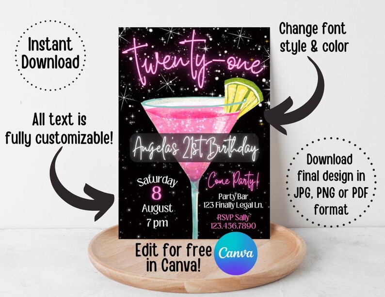 Op de afbeelding: Een printbare uitnodiging voor een 21e verjaardagsfeest met een roze cocktailglas en neonroze tekst die "Twenty-one" en "Angela's 21st Birthday" zegt. De achtergrond is zwart met witte sterren. De tekst zegt "Zaterdag, 8 augustus, 19:00 uur, Come Party! Party Bar, 123 Finally Legal Ln., RSVP Sally, 123.456.7890".
