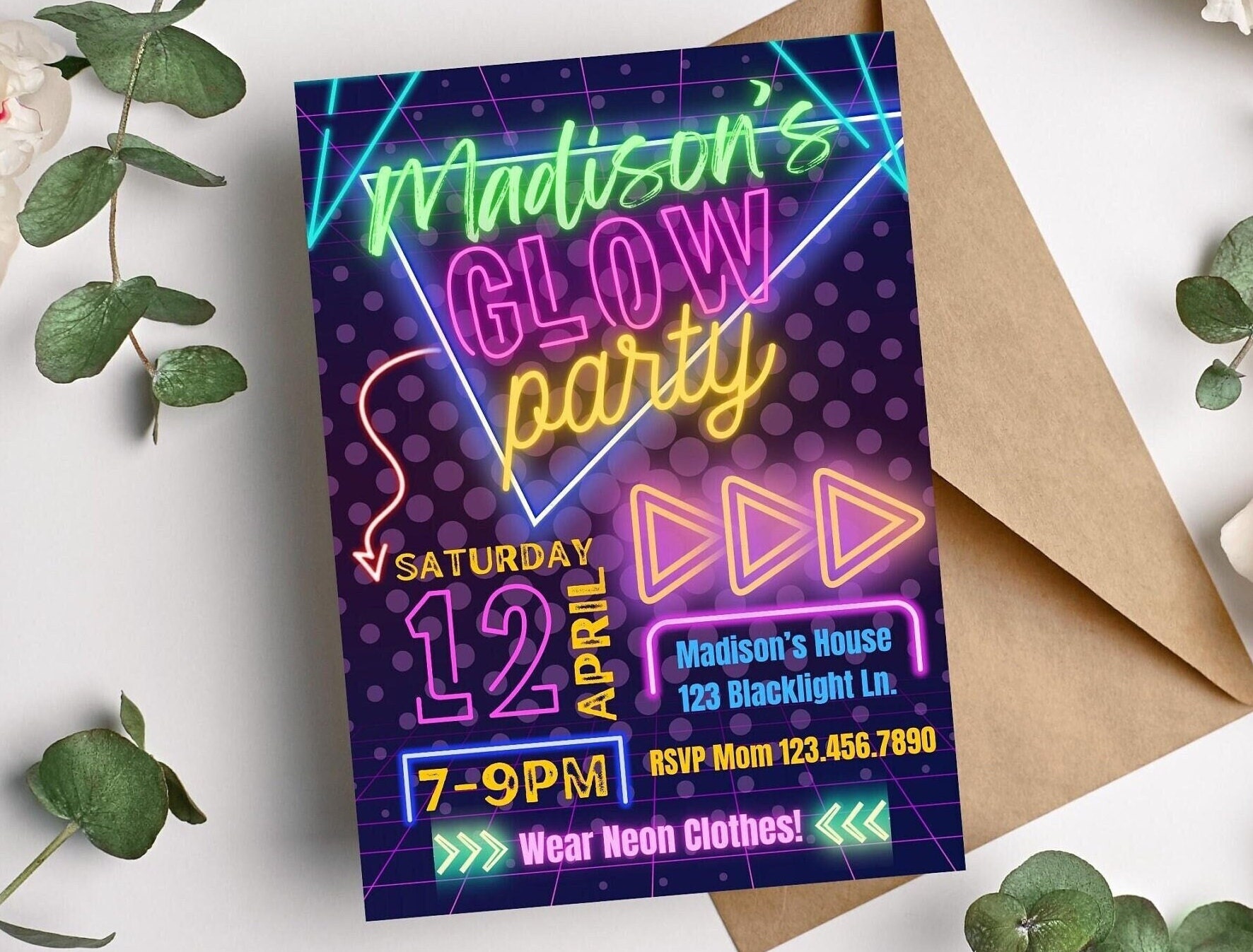 Glow Party Birthday Invitation editable digital template, blacklight party, glow in the dark, teen party, neon bday invite, PGP1