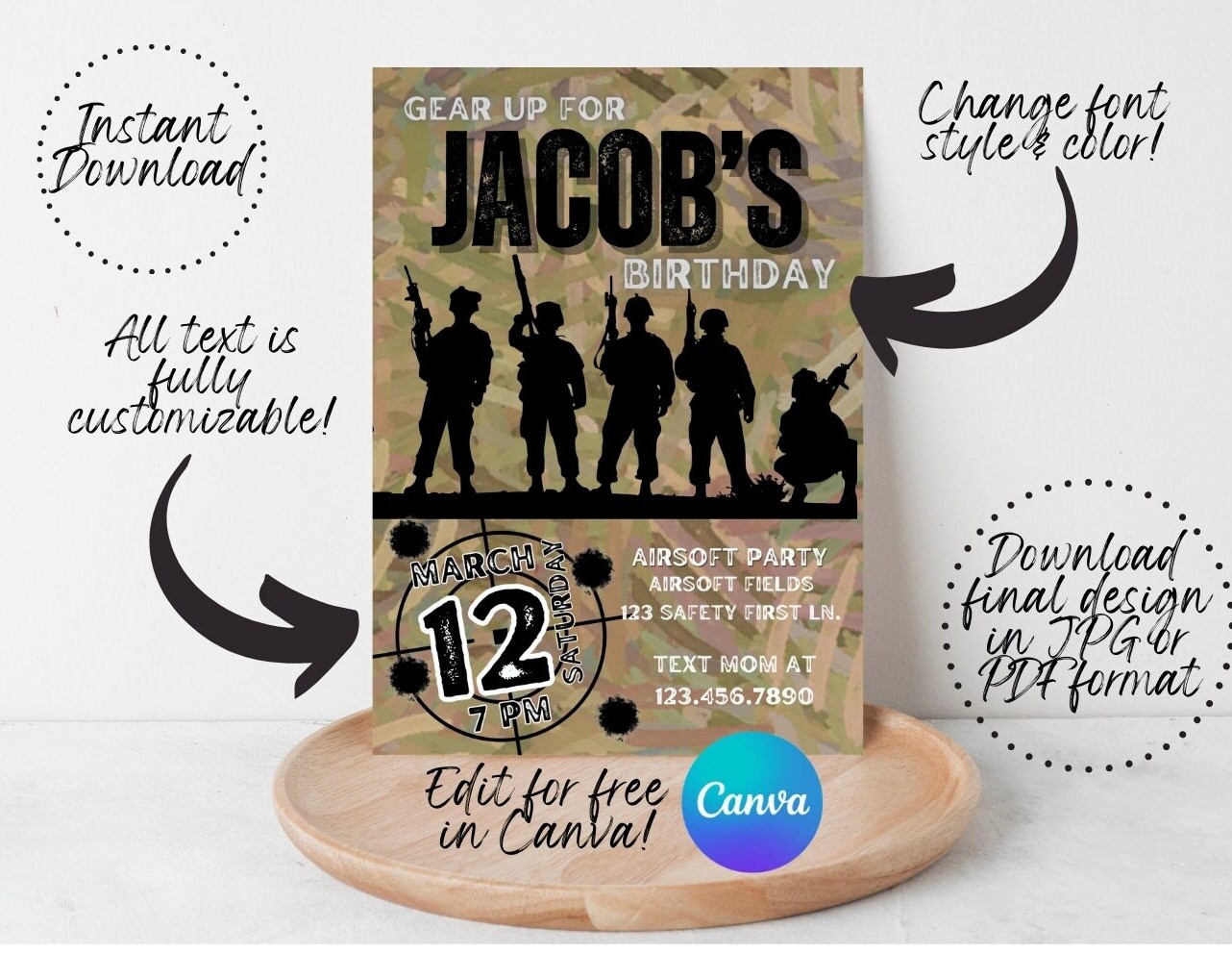 Airsoft Party Teen Boy Birthday Invitation Editable Digital Template