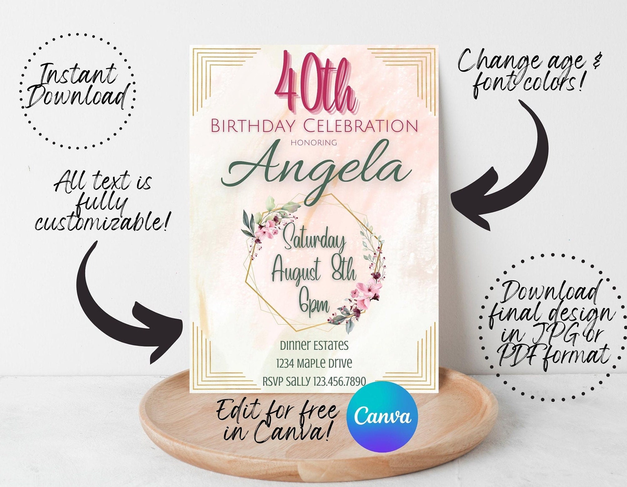 Elegant 40th Birthday Invitation Editable Digital Template, Instant
