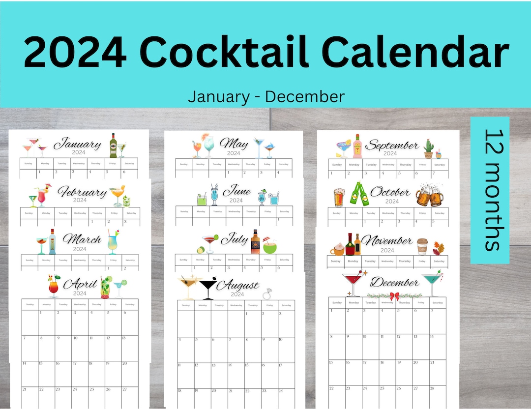 Cocktail Calendar, Adult Calendar, Printable Calendar. Drink Calendar