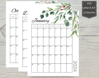 2024 Calendar, Printable 2024 Calendar, Digital 2024 Calendar, Botanical Calendar, Chirstmas Gift for Her, Printable Gifts