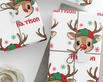Personalized Reindeer Gift Wrap | Custom Christmas Wrapping Paper | Kids Holiday Gift Wrap | Boy & Girl Rudolph Gift Wrap