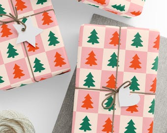Retro Christmas Tree Gift Wrap | Holiday Wrapping Paper | Pink and Green Christmas Gift Wrap | Matte or Glossy Finish