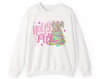 Holly Jolly Christmas Crewneck Sweatshirt | Bright Retro Holiday Sweater | Leopard Bow Christmas Tree Sweatshirt