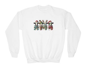 Kids Christmas Cow Sweatshirt | Youth Cow Holiday Sweater | Cute Farm Christmas Shirt | Funny Cow Crewneck for Kids | Western Christmas Gift