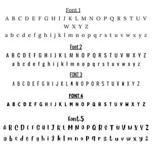 May include: Five different fonts displayed in black on a white background. The fonts are labeled "Font 1", "Font 2", "FONT 3", "FONT 4", and "Font-5". Each font displays the alphabet in uppercase and lowercase letters.