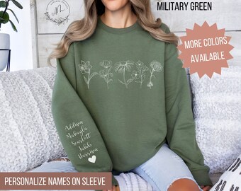 Custom Birth Flower with Custom Names on Sleeve Sweatshirt, Flower Sweatshirt, Personalized, Gift for Moms, Grandma, Mother's Day Gift