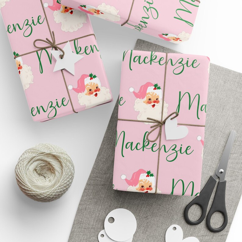 Retro Santa Custom Name Christmas Wrapping Paper, Personalized Christmas Gift Wrap Roll, Childrens Name Gift Wrap, Holiday Gift Wrap image 1