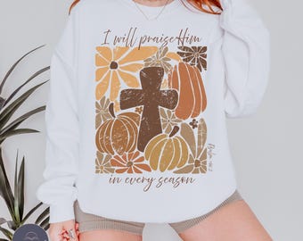 Faith-Inspired Fall Crewneck Sweatshirt | Faith Retro Pumpkin Floral Cross Sweatshirt | Fall Bible Verse Graphic Jumper | Praise Him Shirt