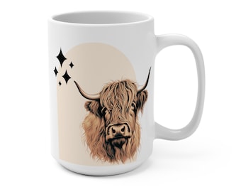 Boho Highland Cow Mug, Large Coffee Cup, Rustic Animal Lover Gift, Farmhouse Kitchen Decor, Unique Ceramic Tea Mug, Nature Lover Drinkware