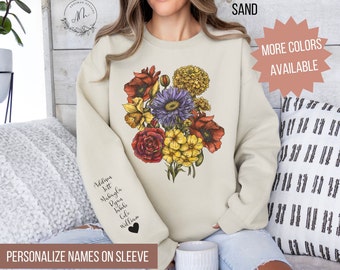 Custom Birth Flower Bouquet Sweatshirt with Personalized Names Printed on Sleeve, Vintage Flower Sweatshirt, Mother's Day Gift, Grandma