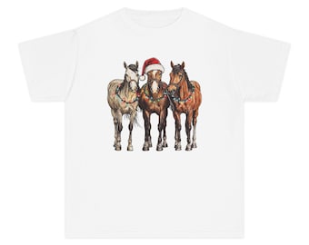 Kids Christmas Horse T-Shirt | Youth Cowgirl Christmas Tee | Horse Lover Gift | Western Ranch Holiday Shirt | Equestrian Christmas Kids Top