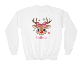 Personalized Kids Christmas Reindeer Sweatshirt | Custom Name Youth Holiday Crewneck | Cute Rudolph Girl Boy Christmas Outfit