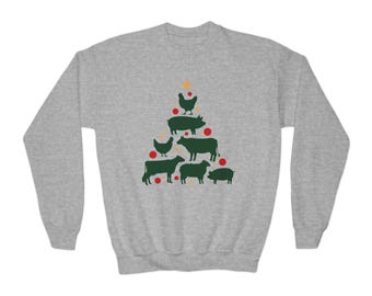 Youth Christmas Farm Animal Sweatshirt | Cute Holiday Crewneck | Country Christmas Tree Shirt | Kids Farmhouse Holiday Pullover